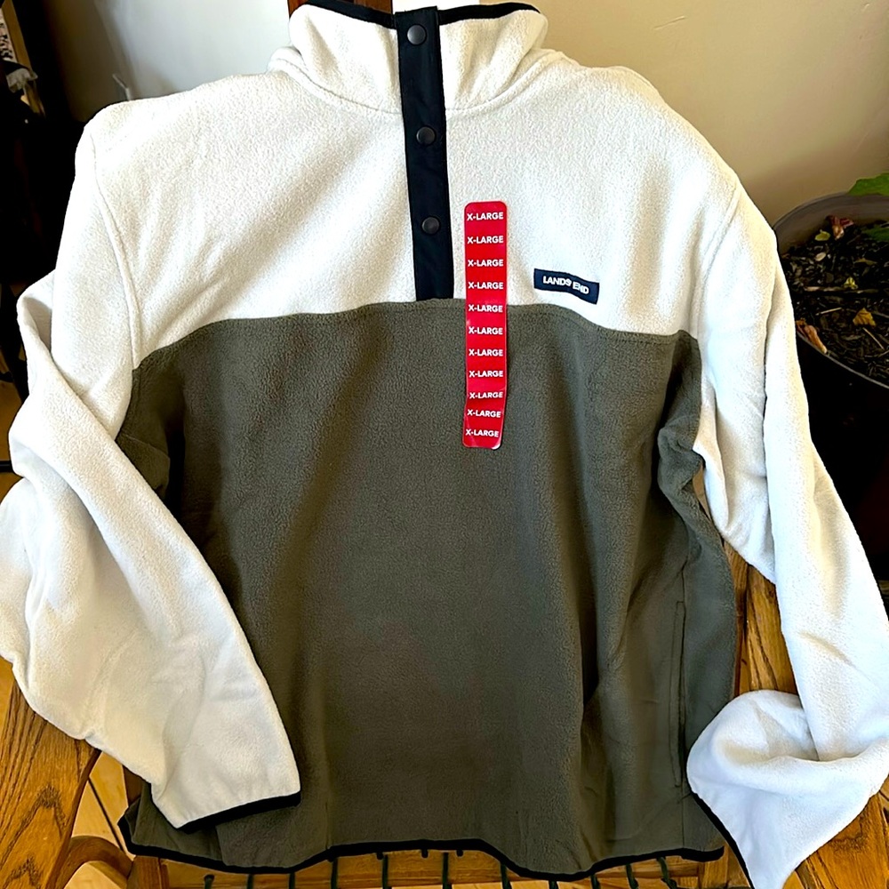 Lands End 1/4 snap fleece green off white and black